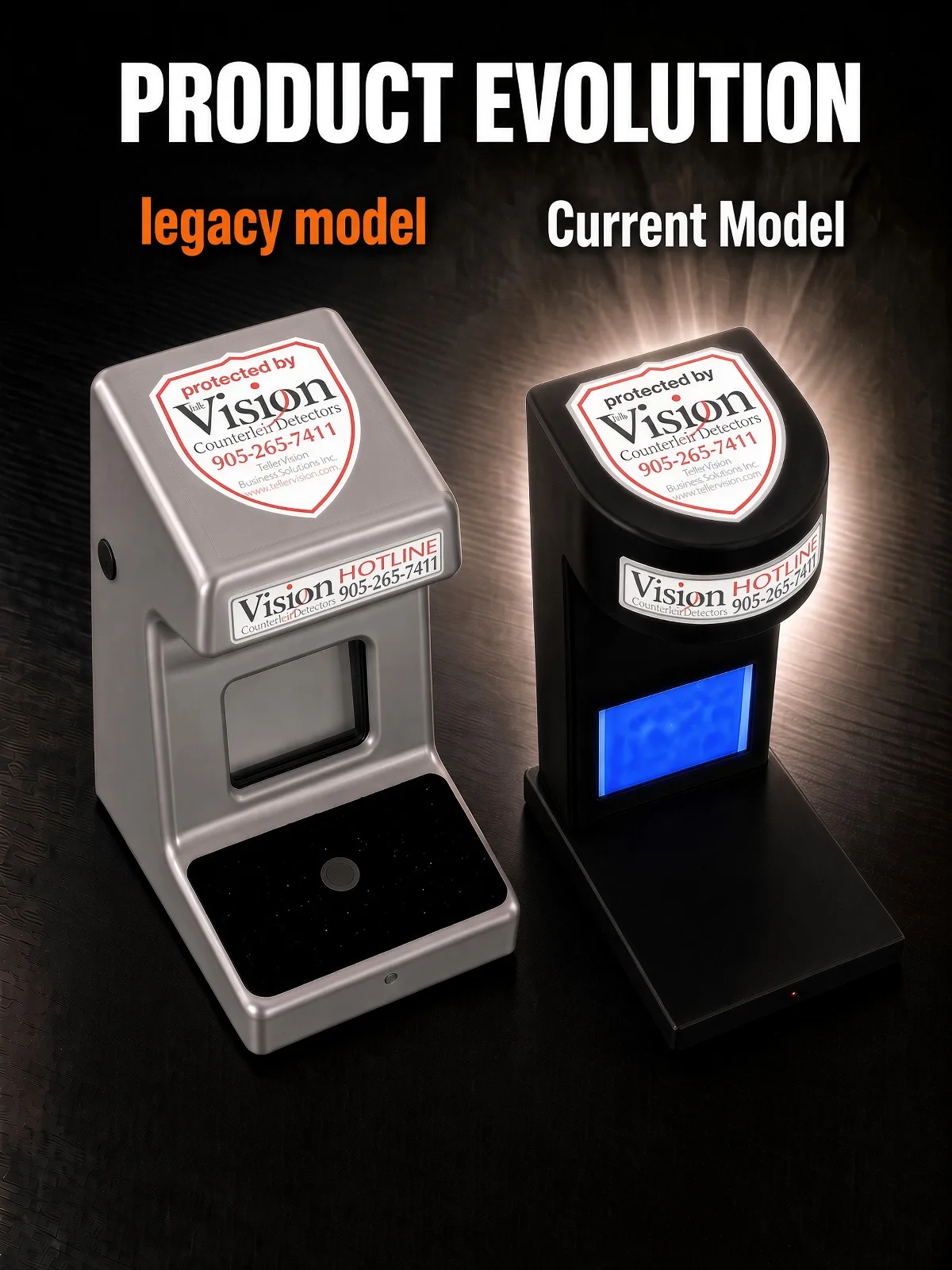 Product evolution: the legacy silver Vision detector beside the current black model
