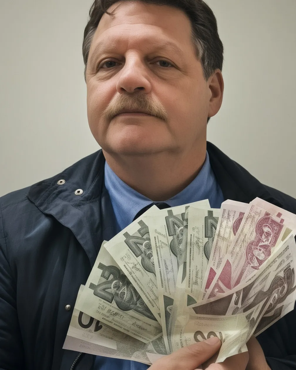 Sgt. Moshe Gordon fanning confiscated counterfeit bank notes