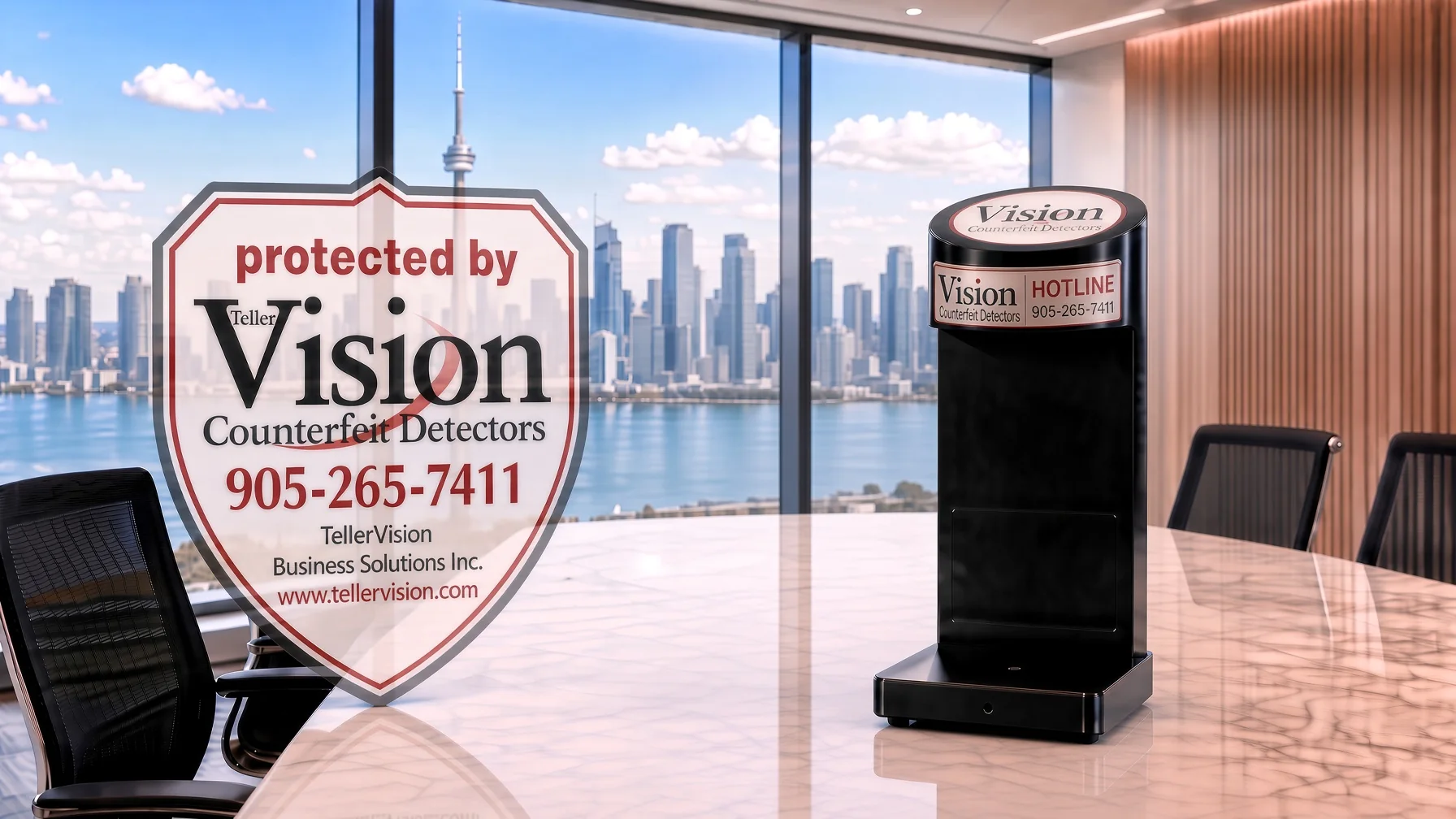 A Vision counterfeit detector on a boardroom table beside the red protected by Tellervision Counterfeit Detectors shield decal, showing the hotline 905-265-7411 and www.tellervision.com